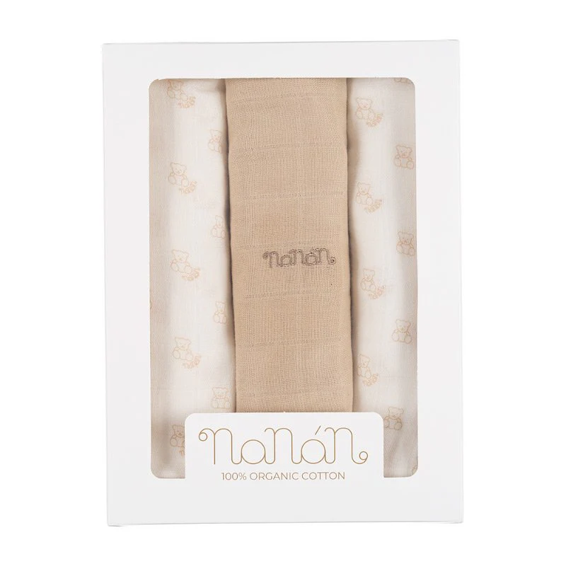 Set 3 muselinas Nanan all over ositos 80x80 cm beige