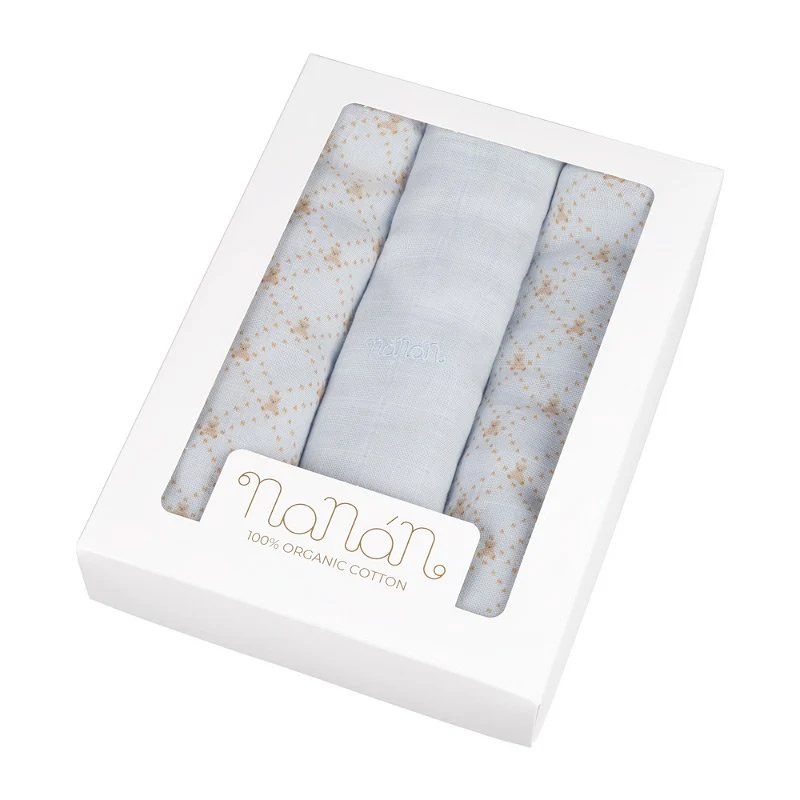 Set de 3 muselinas Nanan all over lettering 80x80 cm azul claro
