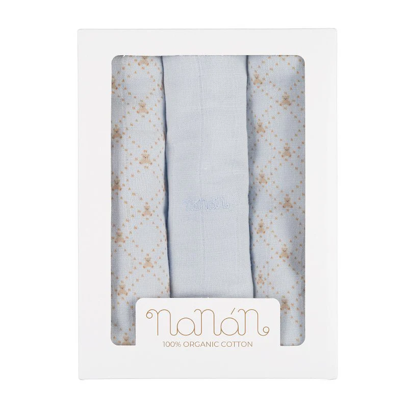 Set de 3 muselinas Nanan all over lettering 80x80 cm azul claro