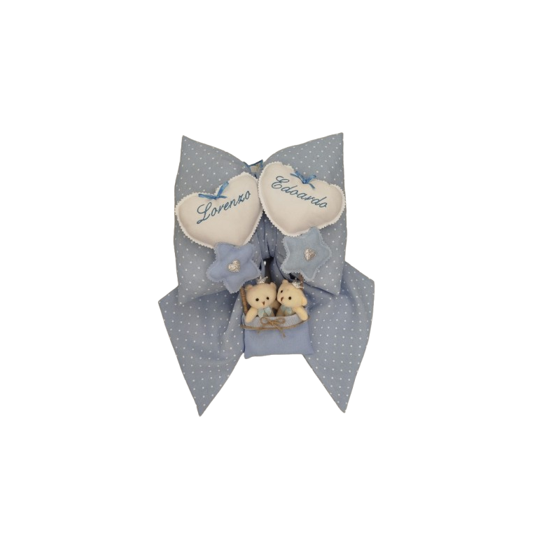 Blue Twins Birth Bow with Embroidery