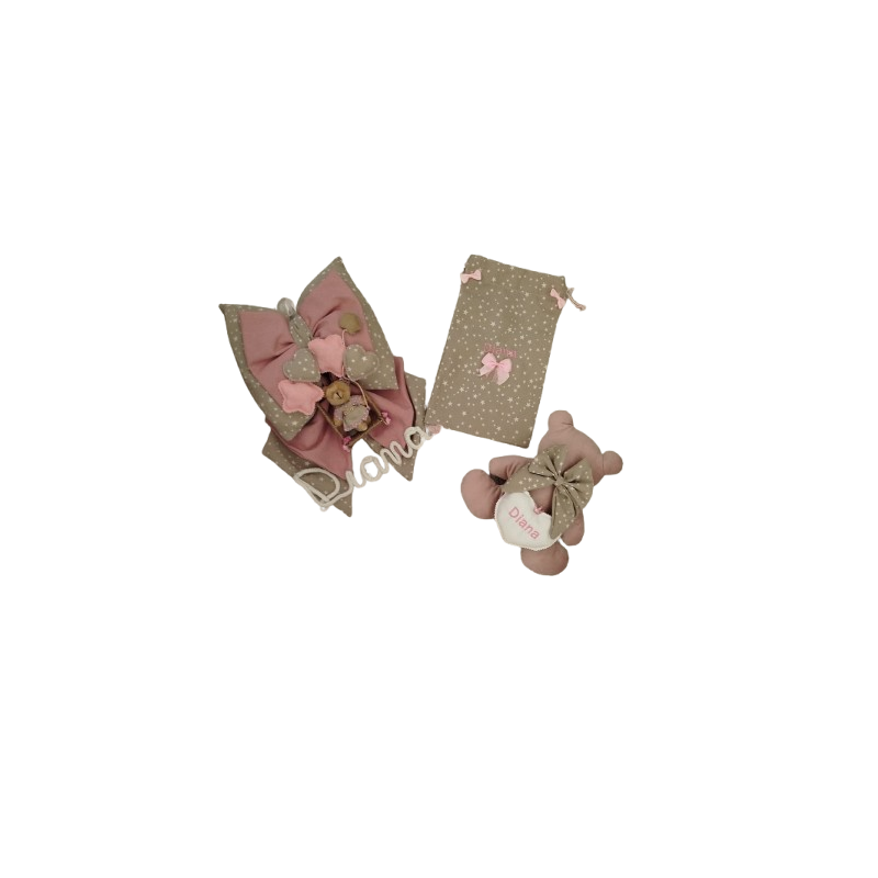 Pink Birth Bow Set with Pouch and Bear
