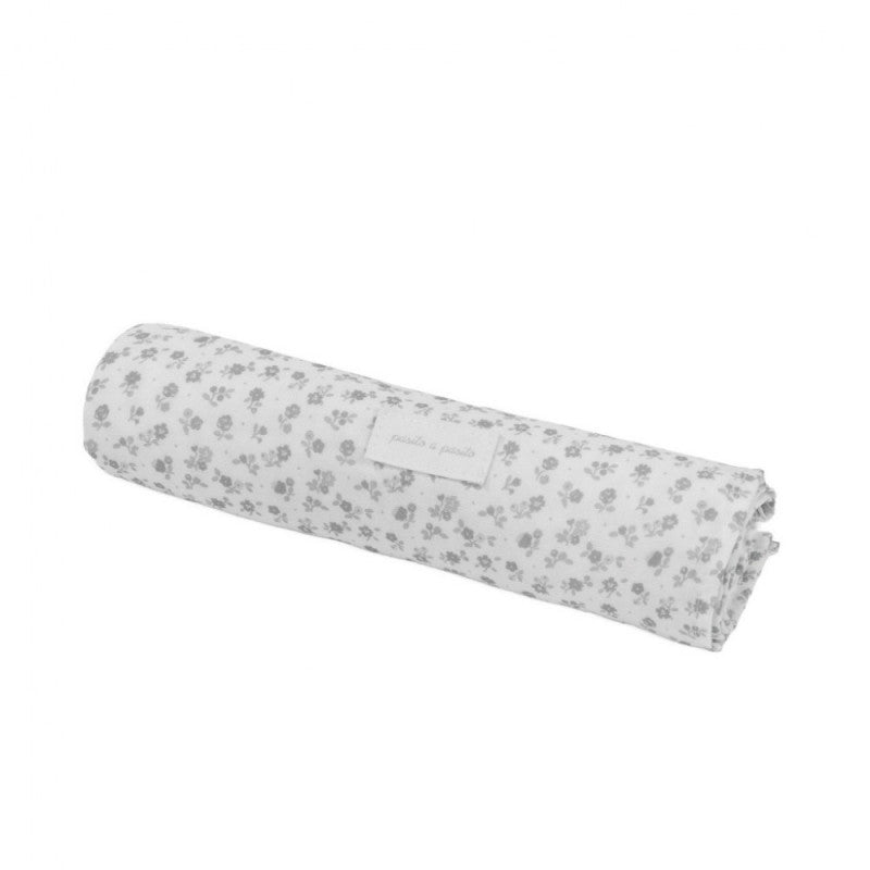 Sábana ajustable para capazo + Muselina Little Bloom Flores Grises