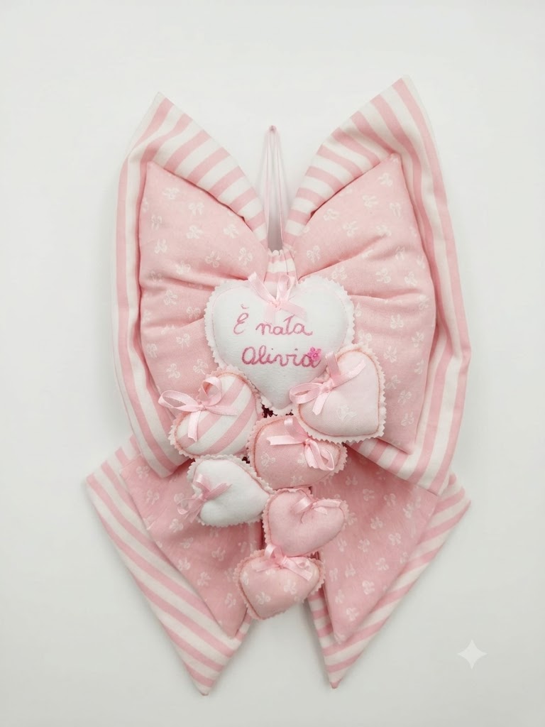 Fiocco Nascita Artigianale Rosa con Cuori Applicati