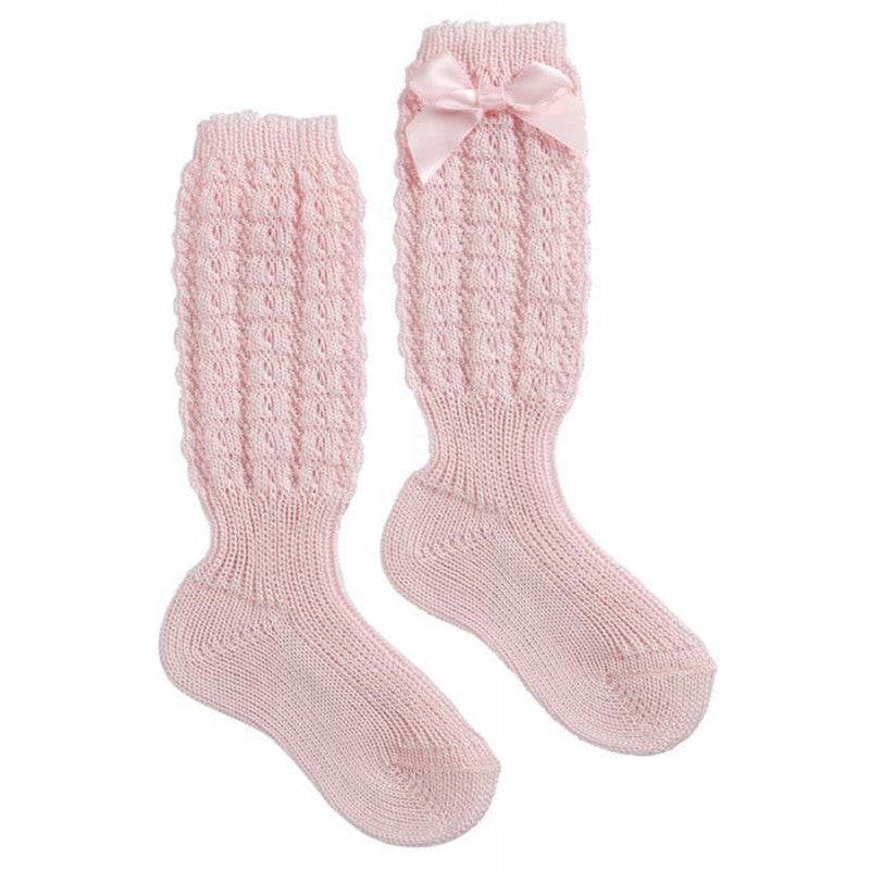 Long Cotton Sock with Pink Bow - 23 - 26
