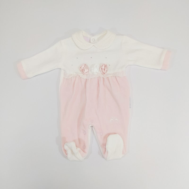 Pelele de Terciopelo con Bordado Rosa 6/9 Meses