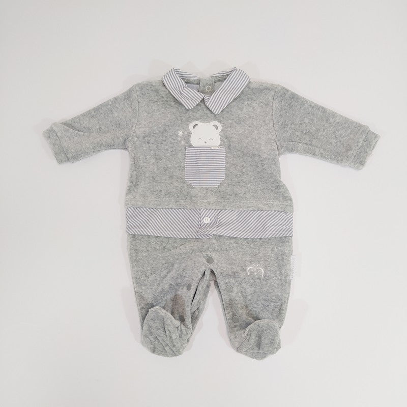 Pelele de Terciopelo con Bordado Gris 0/3 Meses