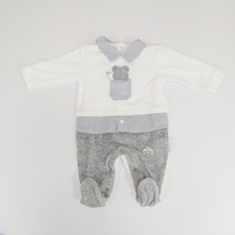 Pelele de terciopelo con bordado blanco y gris de 3 a 6 meses